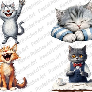 Op de afbeelding: Vier cartoon kat illustraties. Een grijze kat met opgeheven armen, glimlachend. Een slapende grijze en witte kat met een blauw gestreept shirt. Een oranje kat die lacht. Een grijze kat met een strikje, die bestek vasthoudt aan tafel.