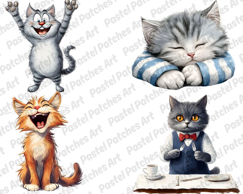 Op de afbeelding: Vier cartoon kat illustraties. Een grijze kat met opgeheven armen, glimlachend. Een slapende grijze en witte kat met een blauw gestreept shirt. Een oranje kat die lacht. Een grijze kat met een strikje, die bestek vasthoudt aan tafel.