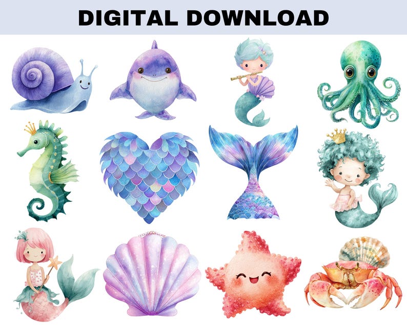 Cute Mermaid Clipart Bundle | Whimsical Watercolor Mermaid PNG ...