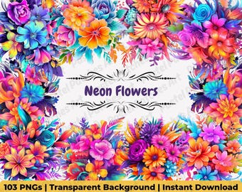 Vibrant Watercolor Neon Flowers Clipart - Bold and Colorful Bouquets, Wreaths and Elements, Digital Floral Illustrations, Commercial Use PNG