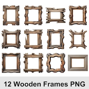 May include: Twelve rustic wooden frames with various designs and textures. The frames are in shades of brown and beige, with natural wood grain details. The text "12 Wooden Frames PNG" is at the bottom.
