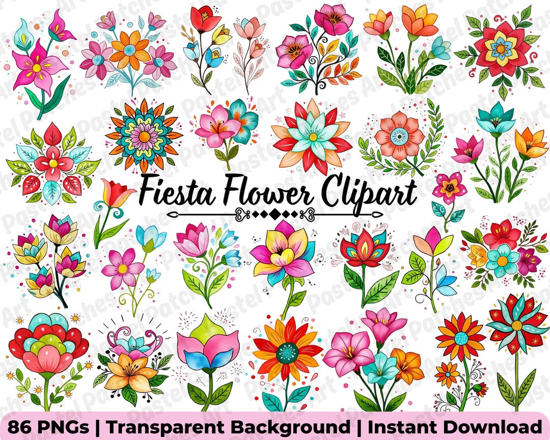 Fiesta Flower Clipart Bundle, Mexican Folk Art Floral PNG for Cinco De ...