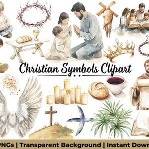 May include: Watercolor clipart set featuring various Christian symbols. Includes images of a crown, rosary, cross, bread, chalice, candles, and praying figures. The text "Christian Symbols Clipart" is also present.