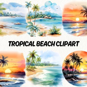 May include: A set of six watercolour illustrations of tropical beach scenes. Each image features palm trees, a sandy beach, and turquoise water. The scenes include a sunset, a beach with a small house, and a beach with a rocky shore.