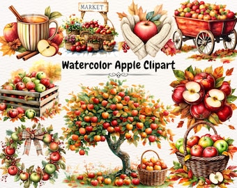 May include: Watercolor illustration featuring various apples and apple-themed items. Includes a mug of apple cider, baskets of apples, a wooden crate, a wreath, and a tree laden with red and green apples. The text "Watercolor Apple Clipart" is also present.