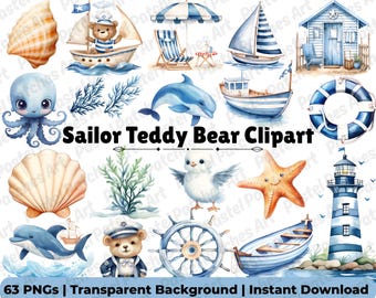 Sailor Teddy Bear Clipart Set, Watercolor Nautical Teddy Bear PNG, Baby Shower Decor, Coastal Nursery Art, Commercial Use