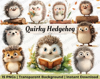 Watercolor Hedgehog Clipart Bundle, Cute Hedgehog Illustrations, Transparent PNG Graphics, Commercial Use, Instant Digital Download