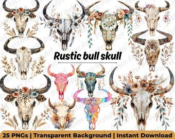 Painted Bull Skull PNG Bundle, Boho Floral Cow Skull Clipart, Decorated Western Skulls for Sublimation Designs, Cricut & Silhouette Files