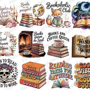 May include: A collection of watercolor illustrations featuring books, quotes, and reading-themed designs. Includes images of open books, stacks of books, a fox reading, a skull with flowers, and phrases like "Bookaholic Club" and "Good Vibes and Good Books."