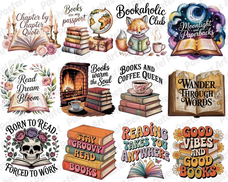 May include: A collection of watercolor illustrations featuring books, quotes, and reading-themed designs. Includes images of open books, stacks of books, a fox reading, a skull with flowers, and phrases like "Bookaholic Club" and "Good Vibes and Good Books."