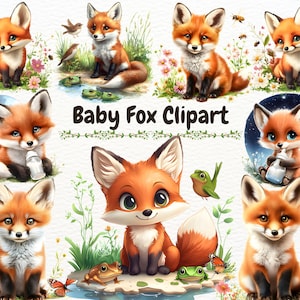 Clipart bébé renard, renard aquarelle PNG, renard graphiques, clipart mignon chambre d'enfant, bébé renard endormi des cliparts, Illustration automne automne, renard avec fleur