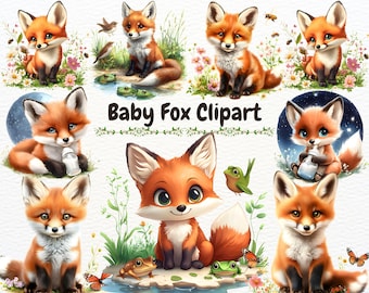 Baby Fox Clipart, Watercolor Fox PNG, Fox Graphics, Cute Nursery Clipart, Sleepy Baby Fox Clipart, Autumn Fall Illustration, Fox With Flower