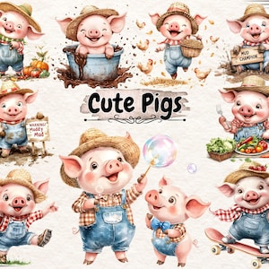 Clipart de cerdo lindo, ilustración de un cerdito adorable, cerdito bebé pastel, cerdito de granja rústico, cerdito lindo, animal rústico, clipart de animales de granja