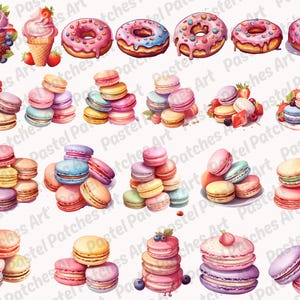 May include: Watercolor illustrations of various desserts, including ice cream cones, donuts, and stacks of colorful macarons. The donuts have pink frosting and sprinkles. The macarons are in shades of pink, yellow, blue, and purple.