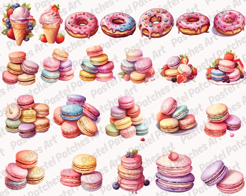 May include: Watercolor illustrations of various desserts, including ice cream cones, donuts, and stacks of colorful macarons. The donuts have pink frosting and sprinkles. The macarons are in shades of pink, yellow, blue, and purple.