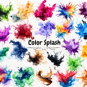 May include: A collection of colorful watercolor paint splashes in various hues, including green, orange, pink, purple, and blue. The image features the text "Color Splash" in black script, with decorative flourishes.