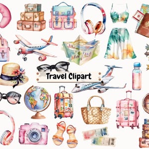 Clipart de viajes, vacaciones de verano en acuarela, turismo de aventura PNG, viajes de vacaciones en globo, maleta, equipaje, mochila, avión, gafas de sol