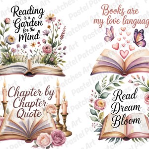 May include: Four watercolor illustrations featuring open books with floral and botanical elements. Each design includes text: "Reading is a Garden for the Mind", "Books are my love language", "Chapter by Chapter Quote", and "Read Dream Bloom".
