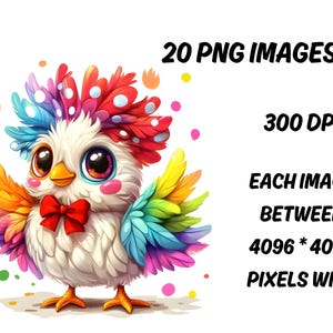 Może przedstawiać: Kolorowa ilustracja ptaka z kresk&oacute;wki z czerwoną muszką i tęczowymi pi&oacute;rami. Obraz zawiera tekst "20 PNG IMAGES", "300 DPI" i "EACH IMAGE BETWEEN 4096 * 4096 PIXELS WIDE".