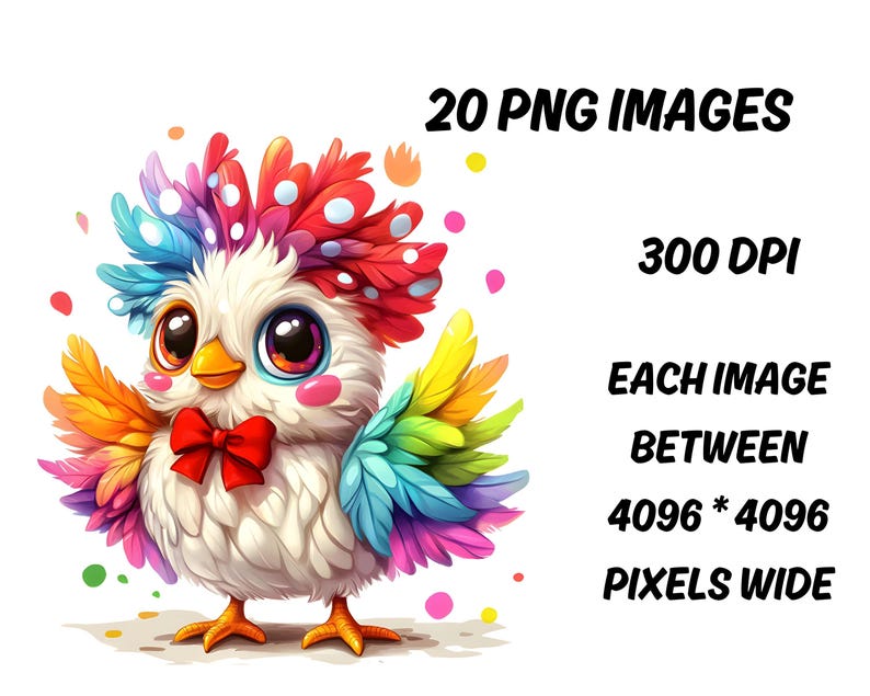 Może przedstawiać: Kolorowa ilustracja ptaka z kresk&oacute;wki z czerwoną muszką i tęczowymi pi&oacute;rami. Obraz zawiera tekst "20 PNG IMAGES", "300 DPI" i "EACH IMAGE BETWEEN 4096 * 4096 PIXELS WIDE".