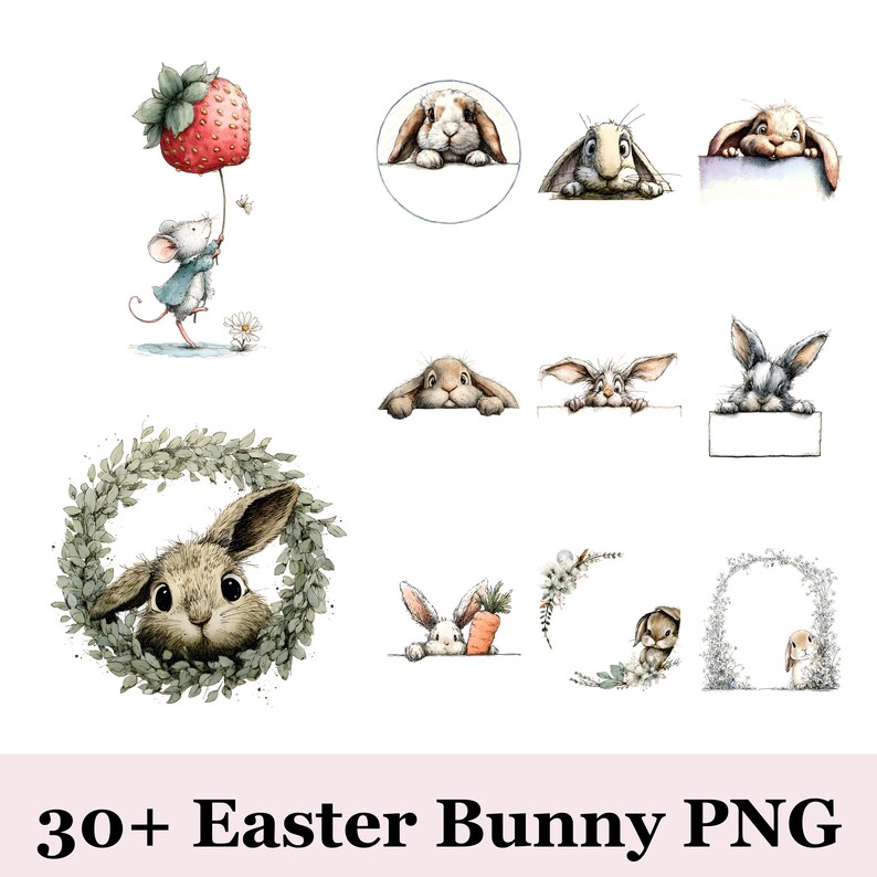 Whimsical Rabbit Clipart 30+ PNG | Cute Bunny Illustrations | Woodland ...
