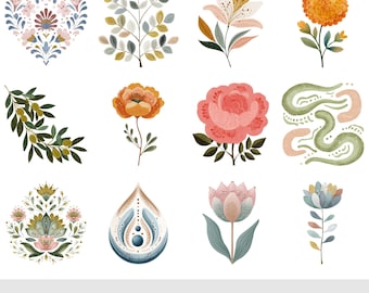 Art folklorique PNG Clipart Bundle, graphiques de fleurs nordiques scandinaves, fleurs de jardin floral, album d'art, usage Commercial en téléchargement numérique