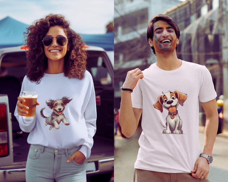 May include: A woman wearing a white sweatshirt and a man wearing a white t-shirt, both featuring a cartoon dog graphic. The dog has brown and tan fur, a red collar, and a happy expression. The woman is holding a glass of beer.