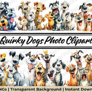 May include: A digital clipart image featuring a collection of 19 quirky, cartoon-style dogs with various expressions. The image includes the text "Quirky Dogs Photo Clipart" and details about the file format.