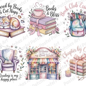 May include: A collection of watercolor illustrations with a book theme. Images include a cat sleeping on a book, stacks of books with a teacup, a backpack filled with books, a cozy armchair, a bookstore, and a stack of books with glasses and a candle. Text includes "Powered by Books & Cat Naps", "Books & Bliss", "Book Club Essentials", "Reading is my happy place", "Welcome to my Book World", and "Chapter by Chapter".