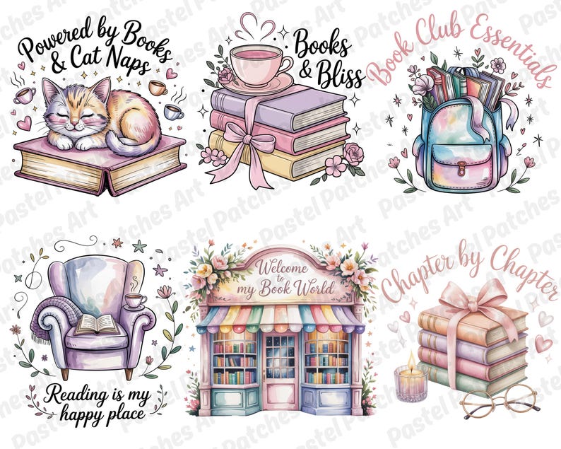 May include: A collection of watercolor illustrations with a book theme. Images include a cat sleeping on a book, stacks of books with a teacup, a backpack filled with books, a cozy armchair, a bookstore, and a stack of books with glasses and a candle. Text includes "Powered by Books & Cat Naps", "Books & Bliss", "Book Club Essentials", "Reading is my happy place", "Welcome to my Book World", and "Chapter by Chapter".