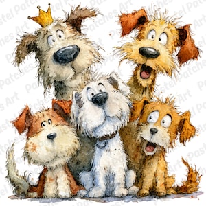 May include: Watercolor illustration of five cartoon dogs with expressive faces. One dog wears a gold crown. The dogs have various fur colors, including brown, white, and tan. The artwork has a whimsical and playful style.
