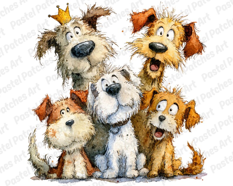 May include: Watercolor illustration of five cartoon dogs with expressive faces. One dog wears a gold crown. The dogs have various fur colors, including brown, white, and tan. The artwork has a whimsical and playful style.
