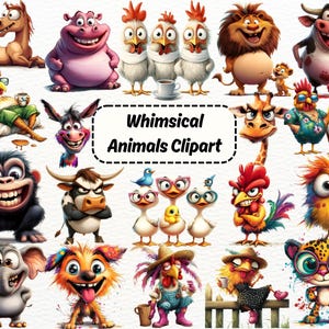 Könnte beinhalten: Eine Sammlung skurriler Tier-Clipart-Illustrationen. Das Bild zeigt eine Vielzahl von Zeichentieren, darunter ein Pferd, ein Nilpferd, Hühner, ein Löwe, eine Kuh, ein Affe, ein Esel, eine Giraffe und mehr. Der Text "Whimsical Animals Clipart" ist enthalten.