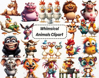 Cute Quirky Animal PNG Bundle, Whimsical Safari Woodland Clipart, Funny Animal Stickers, Sublimation Pack