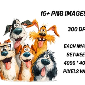 May include: A watercolor illustration of five cartoon dogs with expressive faces. One dog wears glasses. The image includes text that reads "15+ PNG IMAGES", "300 DPI", and "EACH IMAGE BETWEEN 4096 * 4096 PIXELS WIDE".