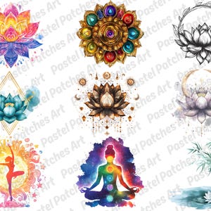May include: A collection of watercolor illustrations featuring lotus flowers, a meditating figure, and other spiritual symbols. The designs showcase vibrant colors and intricate details, suitable for various creative projects.