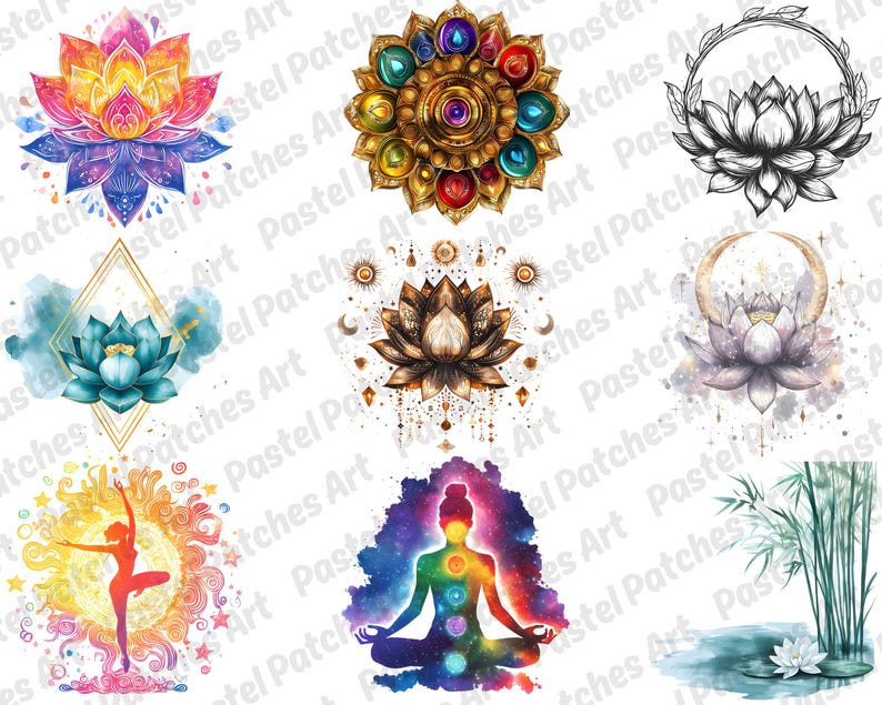 May include: A collection of watercolor illustrations featuring lotus flowers, a meditating figure, and other spiritual symbols. The designs showcase vibrant colors and intricate details, suitable for various creative projects.