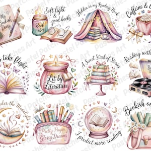 May include: A collection of watercolor illustrations with a reading theme. Images include a diary, candle, books, tent, coffee cup, open book, stack of books, record player, moon, pencil case, and a crystal ball. Text includes "My Bookish Diary", "Soft light & good books", and "Caffeine & Chapters".