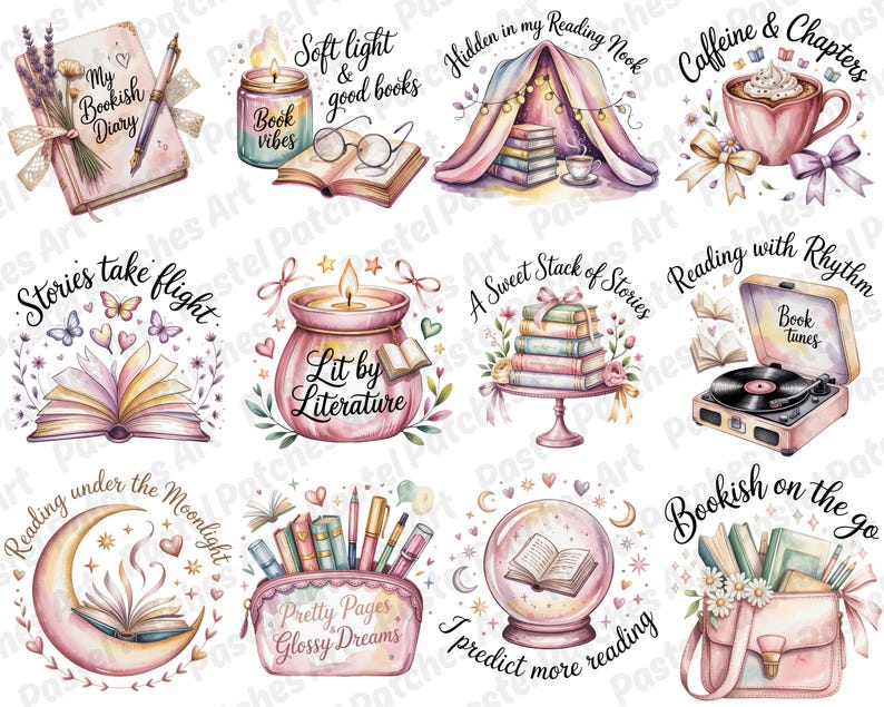 May include: A collection of watercolor illustrations with a reading theme. Images include a diary, candle, books, tent, coffee cup, open book, stack of books, record player, moon, pencil case, and a crystal ball. Text includes "My Bookish Diary", "Soft light & good books", and "Caffeine & Chapters".