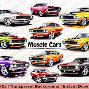 Könnte beinhalten: Eine Sammlung von Illustrationen von Muscle Cars in verschiedenen Farben. Die Abbildung zeigt klassische Autos in Rot, Gelb, Orange, Grün, Lila und Schwarz. Der Text "Muscle Cars" ist prominent dargestellt. Der Text "15 PNGs | Transparent Background | Instant Download" ist ebenfalls enthalten.