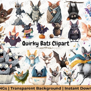 May include: A collection of whimsical bat illustrations in various poses and styles. Some bats are holding objects, wearing accessories, or interacting with each other. The text "Quirky Bats Clipart" is displayed. The image also includes the text "35 PNGs | Transparent Background | Instant Download".