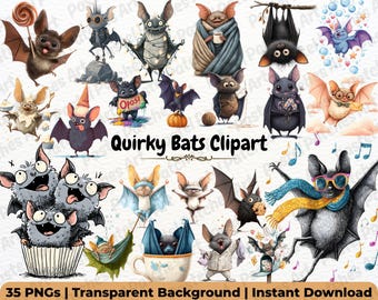 Quirky Bat Clipart Bundle – 35 divertenti immagini PNG di Halloween per Cricut, sublimazione, inviti e creazione di biglietti – Download immediato