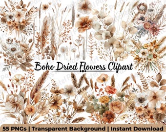 55 Boho Flowers Clipart Bundle | Watercolor Dried Flowers & Peonies PNG | Floral Bohemian Clipart for Wedding | Commercial Use Included