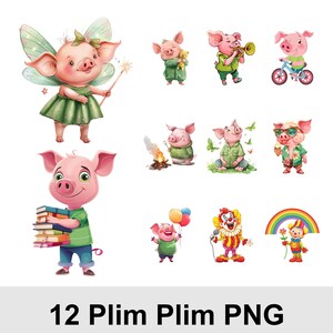 Peut inclure: Ensemble de 12 illustrations de cochons fantaisistes dans diverses poses et tenues. Un cochon est une f&eacute;e, un autre fait du v&eacute;lo, et d'autres tiennent des livres, des ballons et une trompette. Le texte "12 Plim Plim PNG" est en bas.