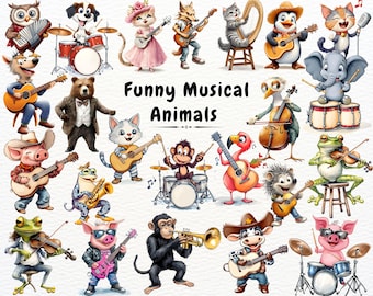 Funny Musical Animals Clipart, Singing Cat PNG, Cute Cat Music Clipart, Funny Dog Music Band, Sublimation Animal, Musical Animals Clipart