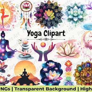 May include: A collection of watercolor yoga-themed clip art images. The images include lotus flowers, dream catchers, silhouettes of people in yoga poses, and mandalas. The text "Yoga Clipart" is displayed in the center of the image.