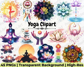 Yoga PNG Bundle, Meditation Clipart, Chakra Designs, Lotus Flower PNG, Zen Yoga, Watercolor Spiritual Clipart, Fitness clipart, Self Care