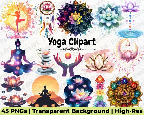 Yoga PNG Bundle, Meditation Clipart, Chakra Designs, Lotus Flower PNG, Zen Yoga, Watercolor Spiritual Clipart, Fitness clipart, Self Care