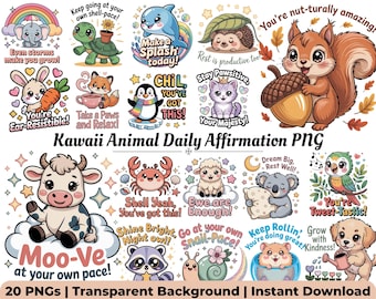 Op de afbeelding: Een verzameling van 20 Kawaii dieren PNG's met affirmaties. De illustraties tonen een verscheidenheid aan schattige dieren zoals een eekhoorn, schildpad en pinguïn, elk met een positieve boodschap. De tekst "Kawaii Animal Daily Affirmation PNG" is ook opgenomen.
