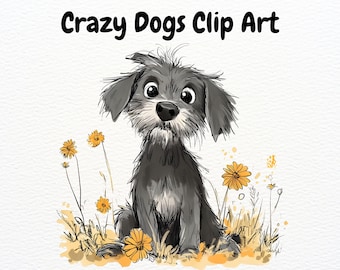 Crazy Dogs Clipart, Funny Dog Clipart, Whimsical Dog Png, Watercolor Cartoon Dogs, Cool Dog Clipart, Crazy Pups, Scruffy Doggies Clipart